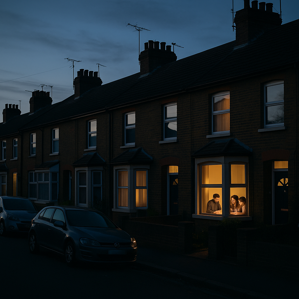 Quiet suburban street where a family indoors is planning modest resilience instead of turning into extreme doomsday preppers