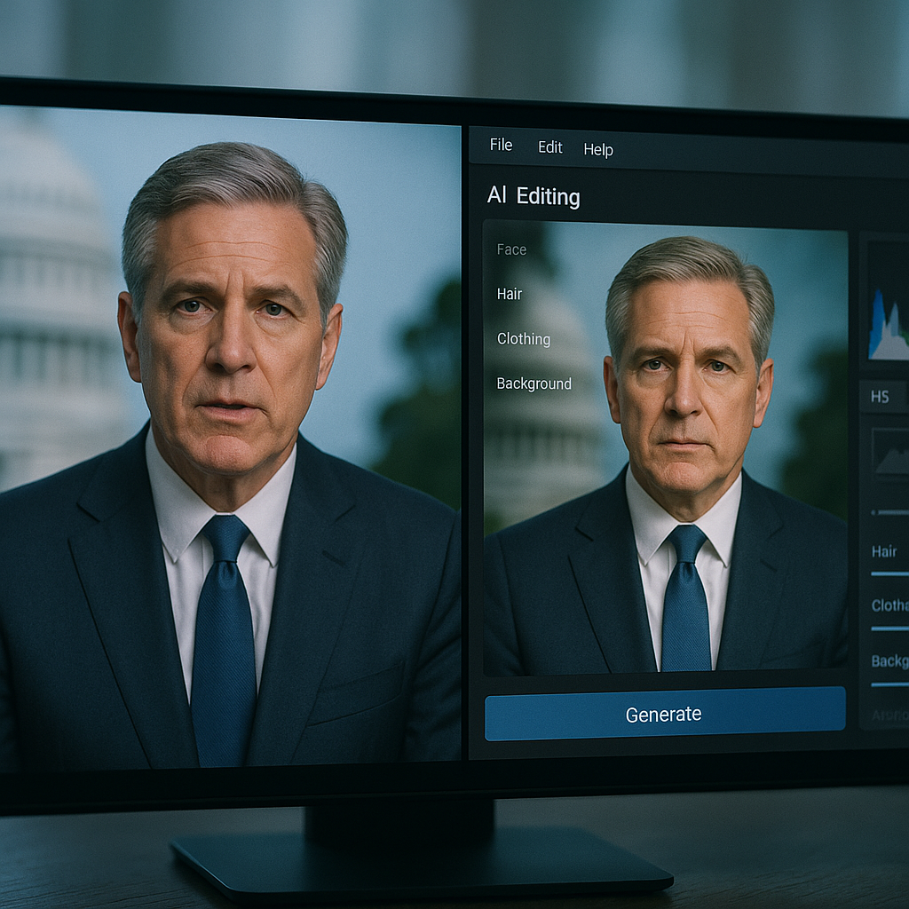 Conceptual image contrasting real footage and AI tools used to create deepfake election ads