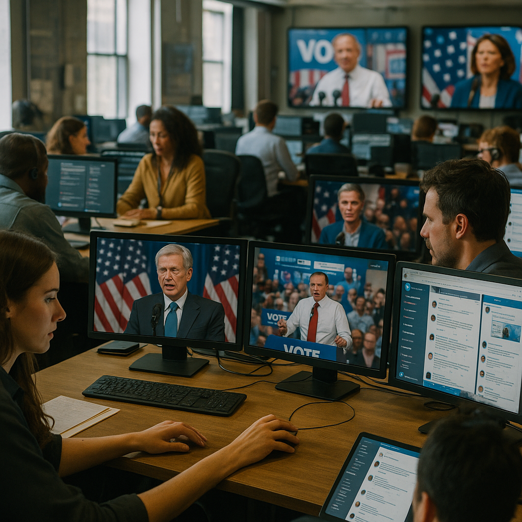 Journalists in a newsroom tracking misinformation and deepfake election ads during a campaign