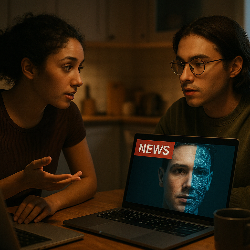 Two friends researching online how to protect themselves from deepfake scams