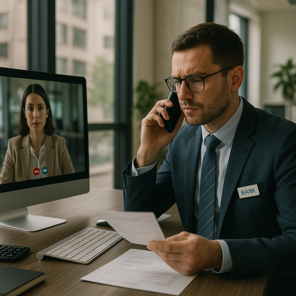 Office worker verifying a suspicious payment request to avoid deepfake scams