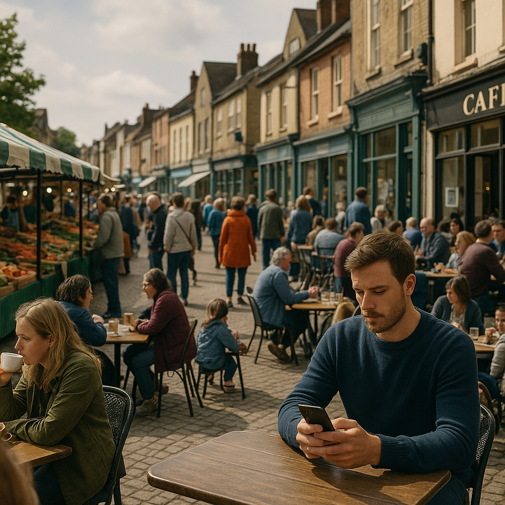 Busy UK town centre market scene with a shopper checking local apps for town centres