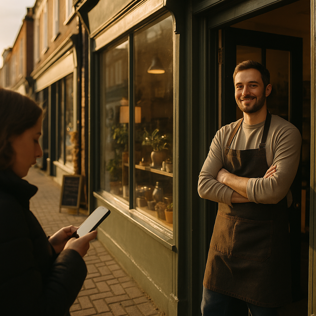 Independent shop owner on a UK high street benefiting from local apps for town centres