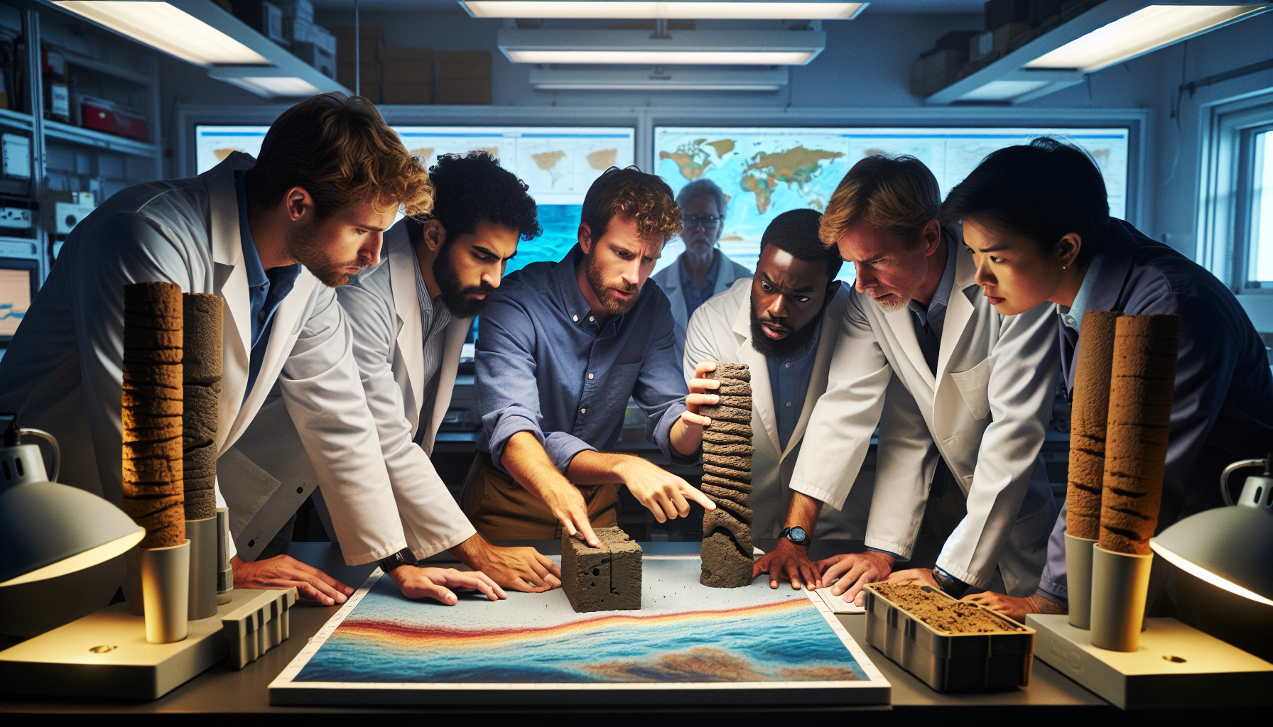 Marine scientists studying samples related to deep-sea mining environmental impact research