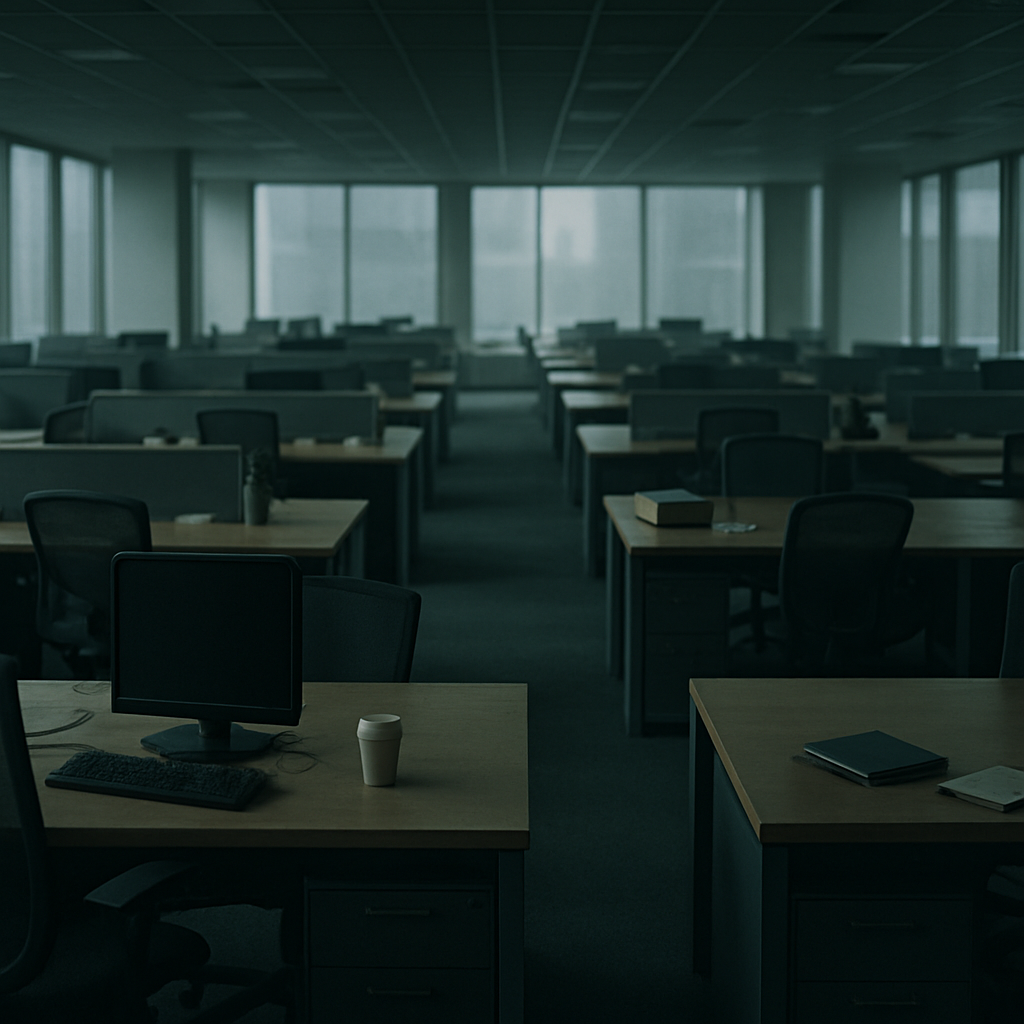 Empty corporate office illustrating AI job displacement 2026 impact on white-collar workers