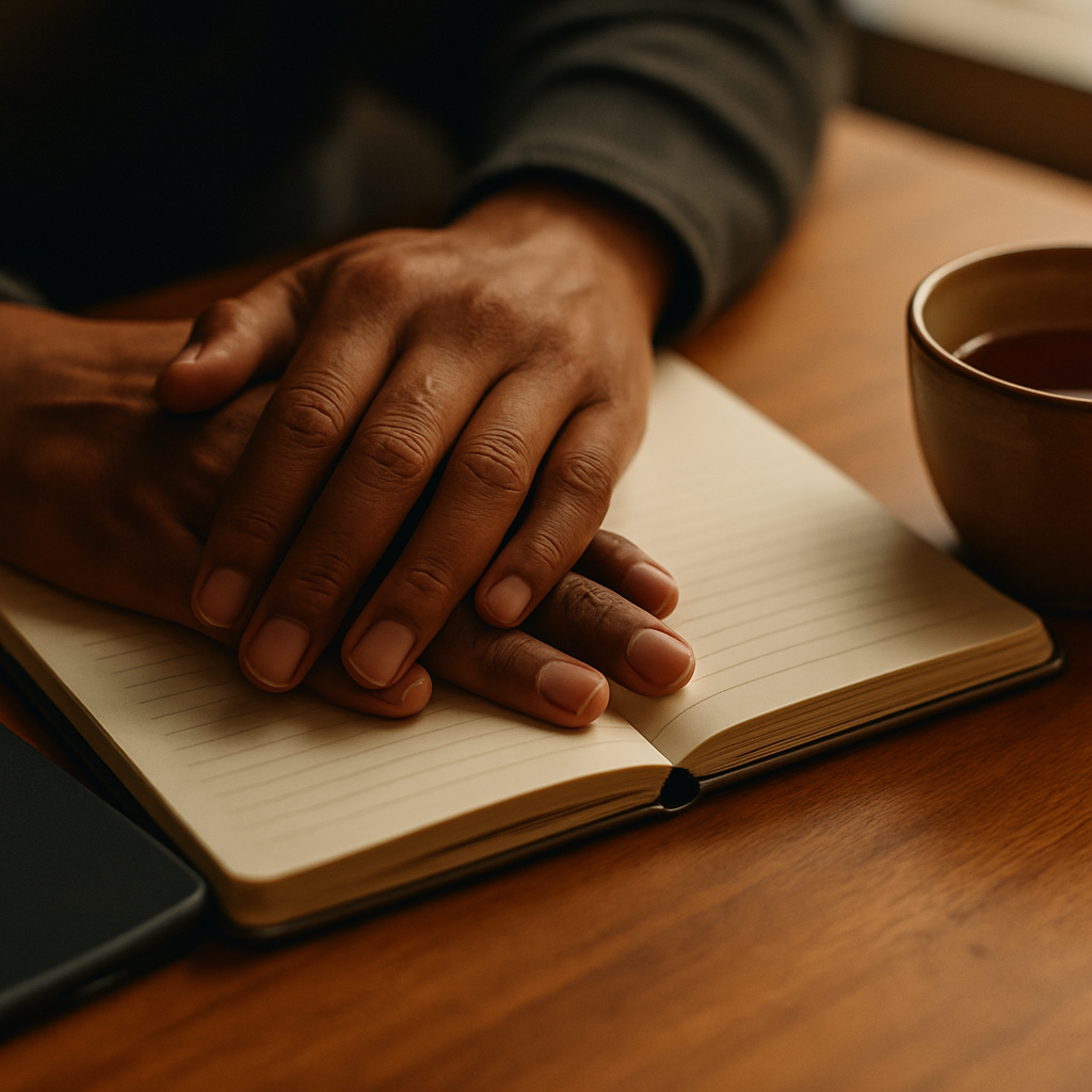 Hands resting on a journal beside a switched-off smartphone illustrating the personal impact of the global mental health crisis