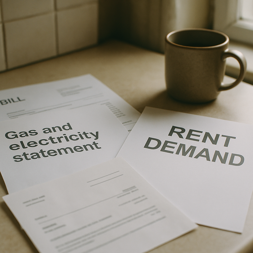Household energy and rent bills on a kitchen table illustrating the cost of living crisis 2026