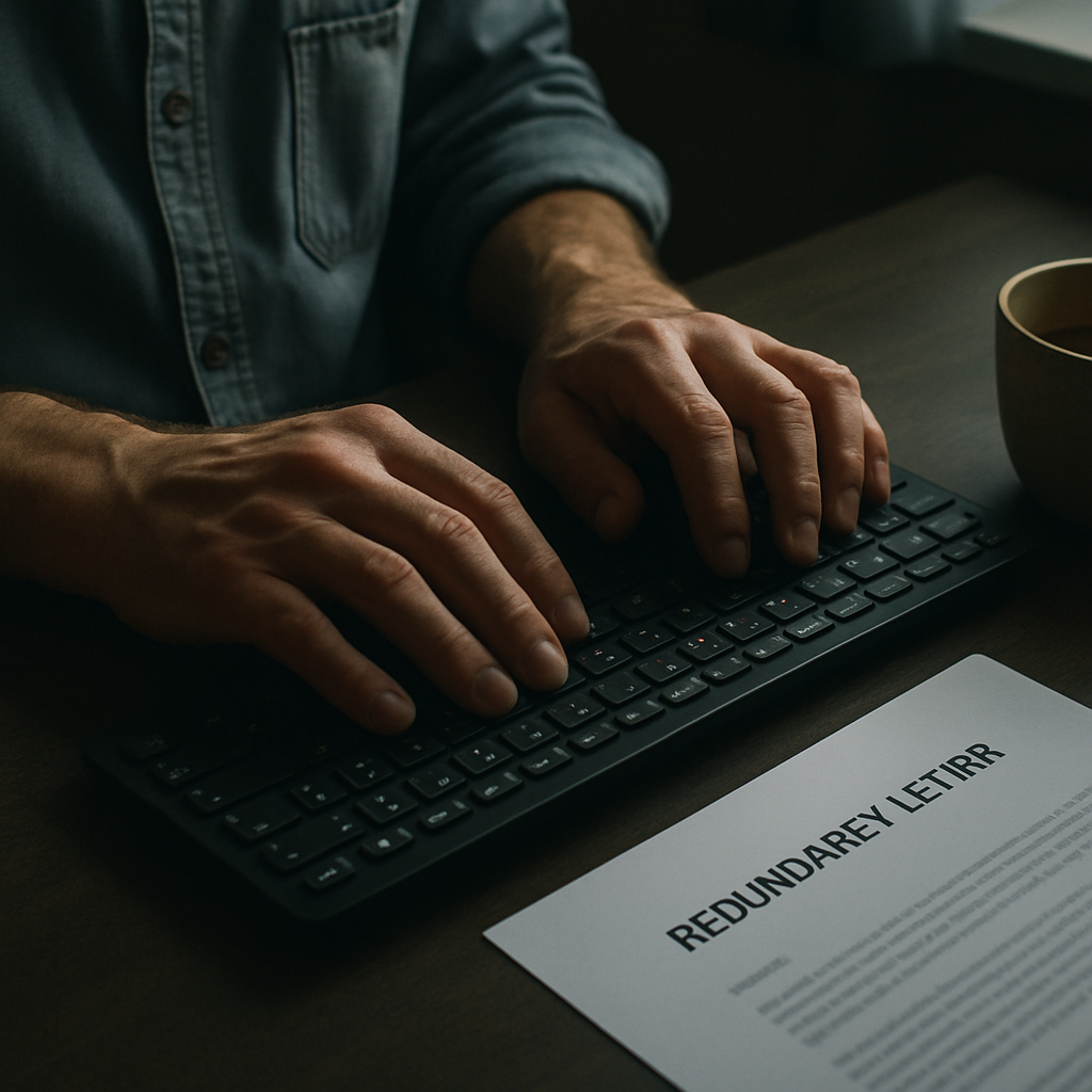 Worker facing AI job displacement 2026 with redundancy notice at home desk