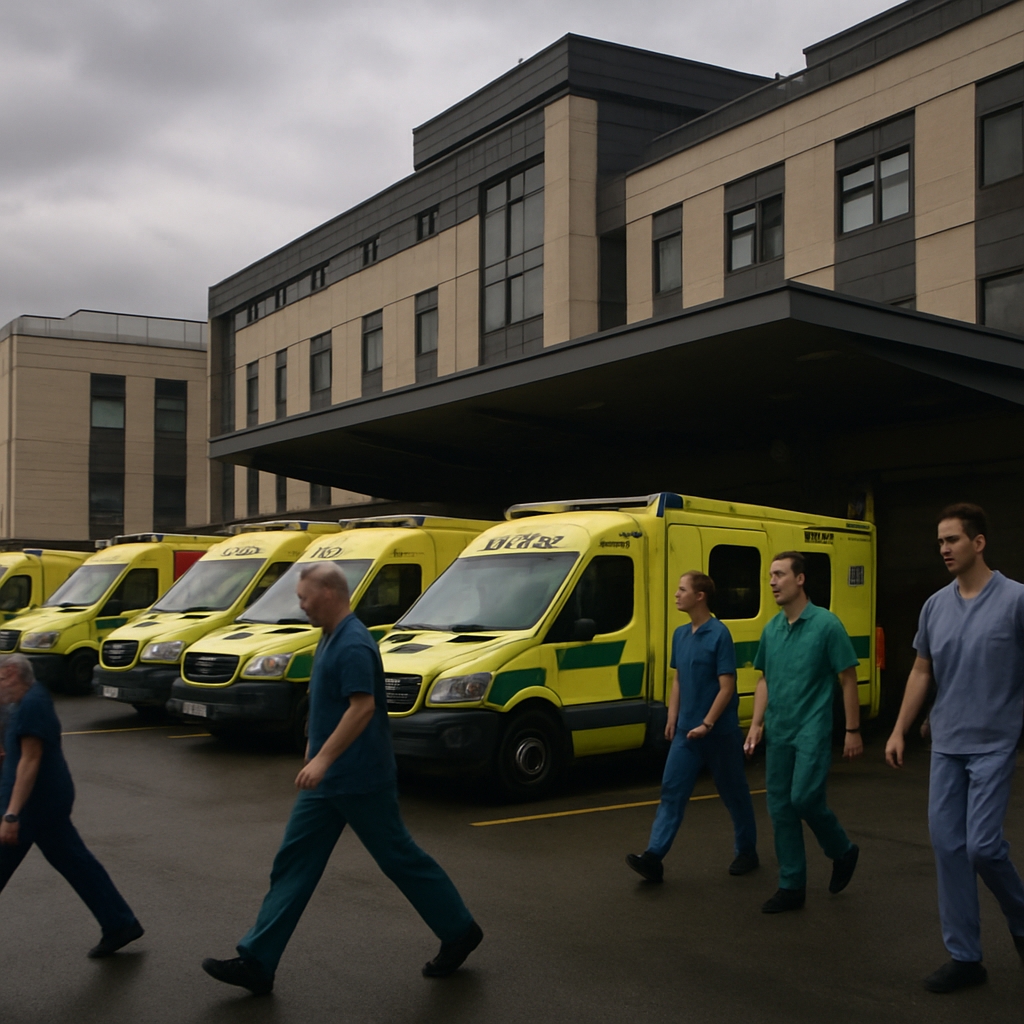 Busy NHS hospital exterior with ambulances outside A&E representing the NHS crisis 2026 UK health service