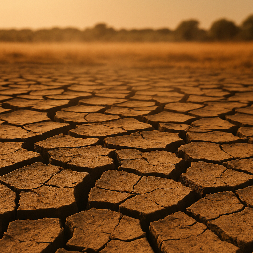 Cracked dry earth during a summer heatwave in England, linked to extreme weather events 2026