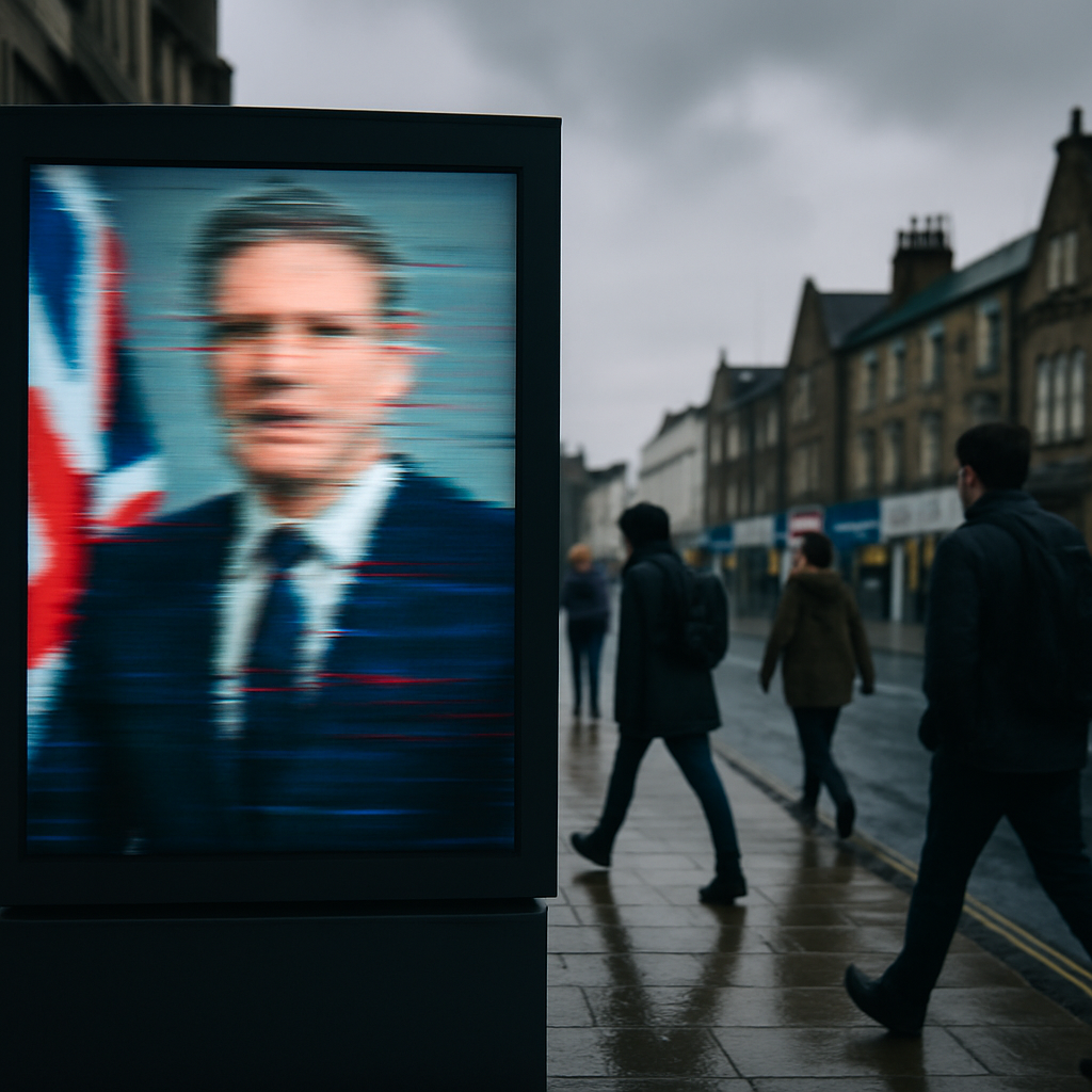 Digital screen on a UK high street showing distorted political imagery, illustrating the spread of AI-generated political ads