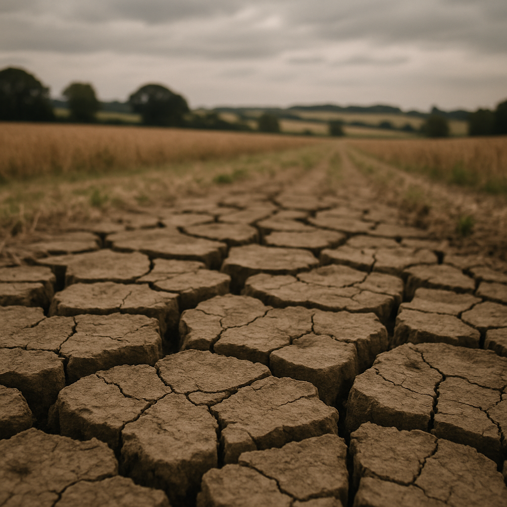 Drought-cracked farmland in England reflecting climate tipping points 2025 2026 impacts on British agriculture