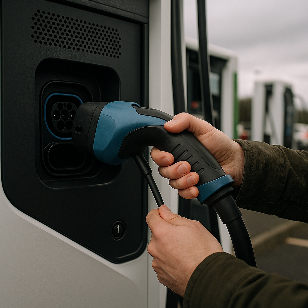 EV charging cable being plugged in at a UK motorway rapid charger, relevant to electric vs hybrid cars 2026 running costs