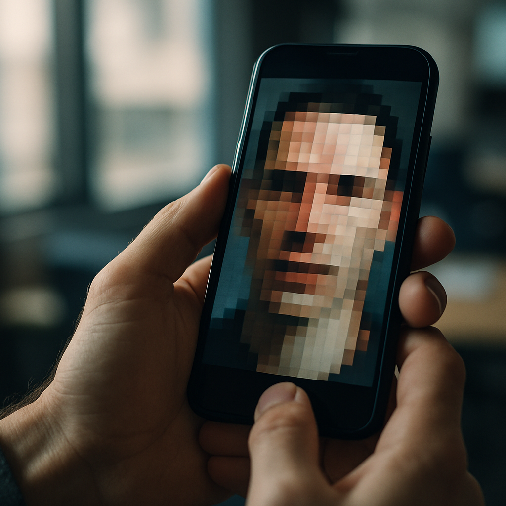 Hands holding a smartphone displaying a deepfake political video, representing AI-generated political ads on social media