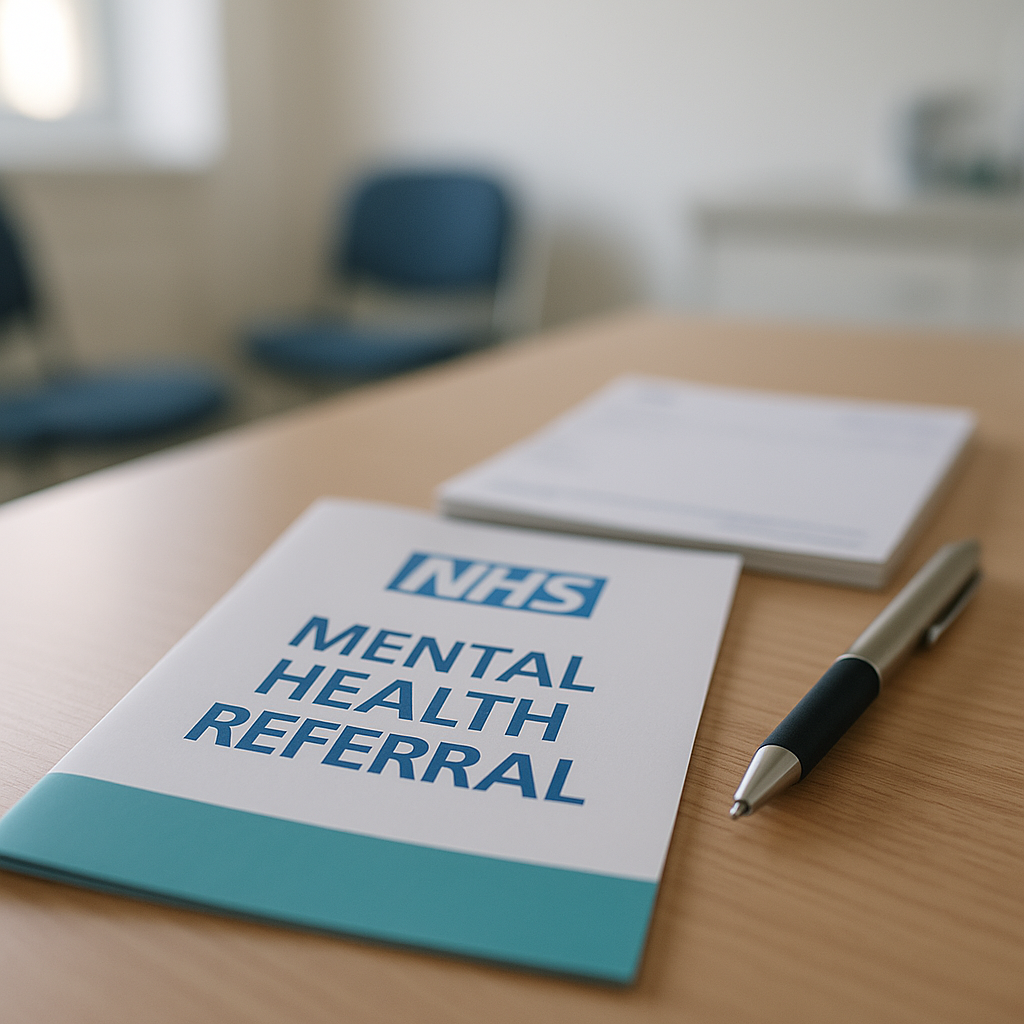 NHS mental health referral documents on a GP desk highlighting the mental health crisis 2026
