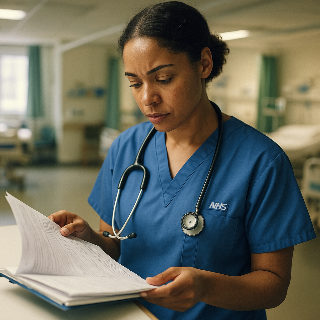 NHS nurse reviewing patient notes on a ward, highlighting workforce pressures in the NHS crisis 2026