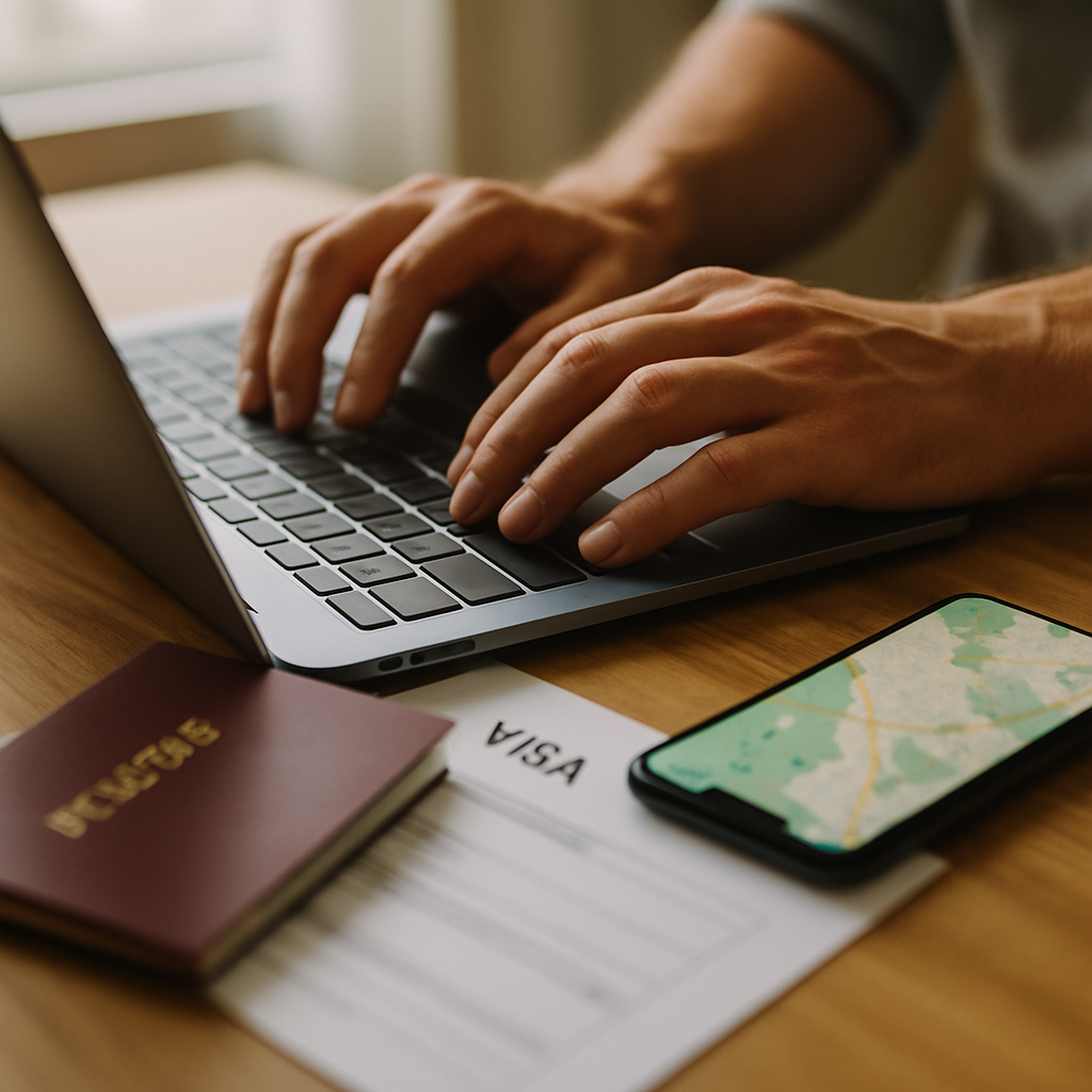 Passport and visa documents beside a laptop illustrating digital nomad visa remote work 2026 planning