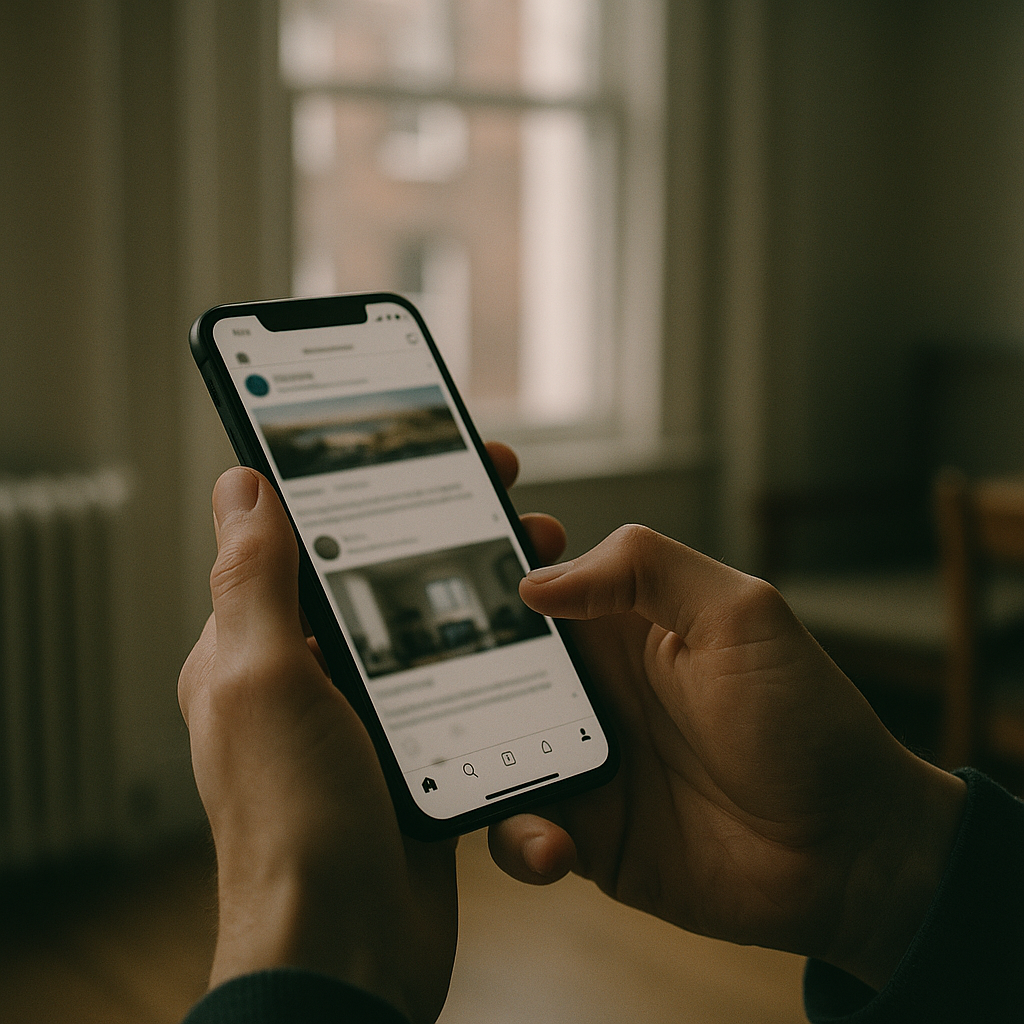 Person scrolling social media feed representing how the misinformation economy spreads through mobile sharing