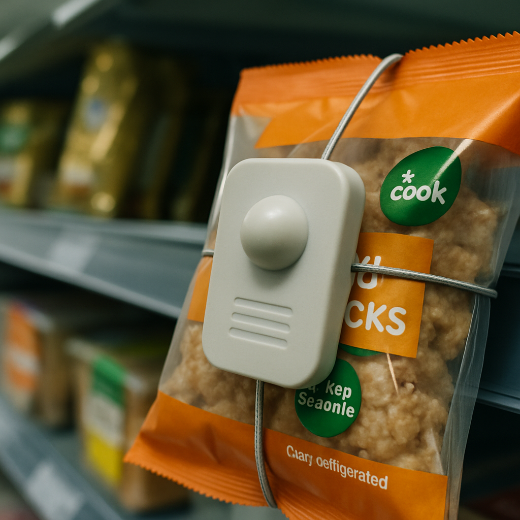 Security tag on a supermarket product reflecting the UK shoplifting rise 2026