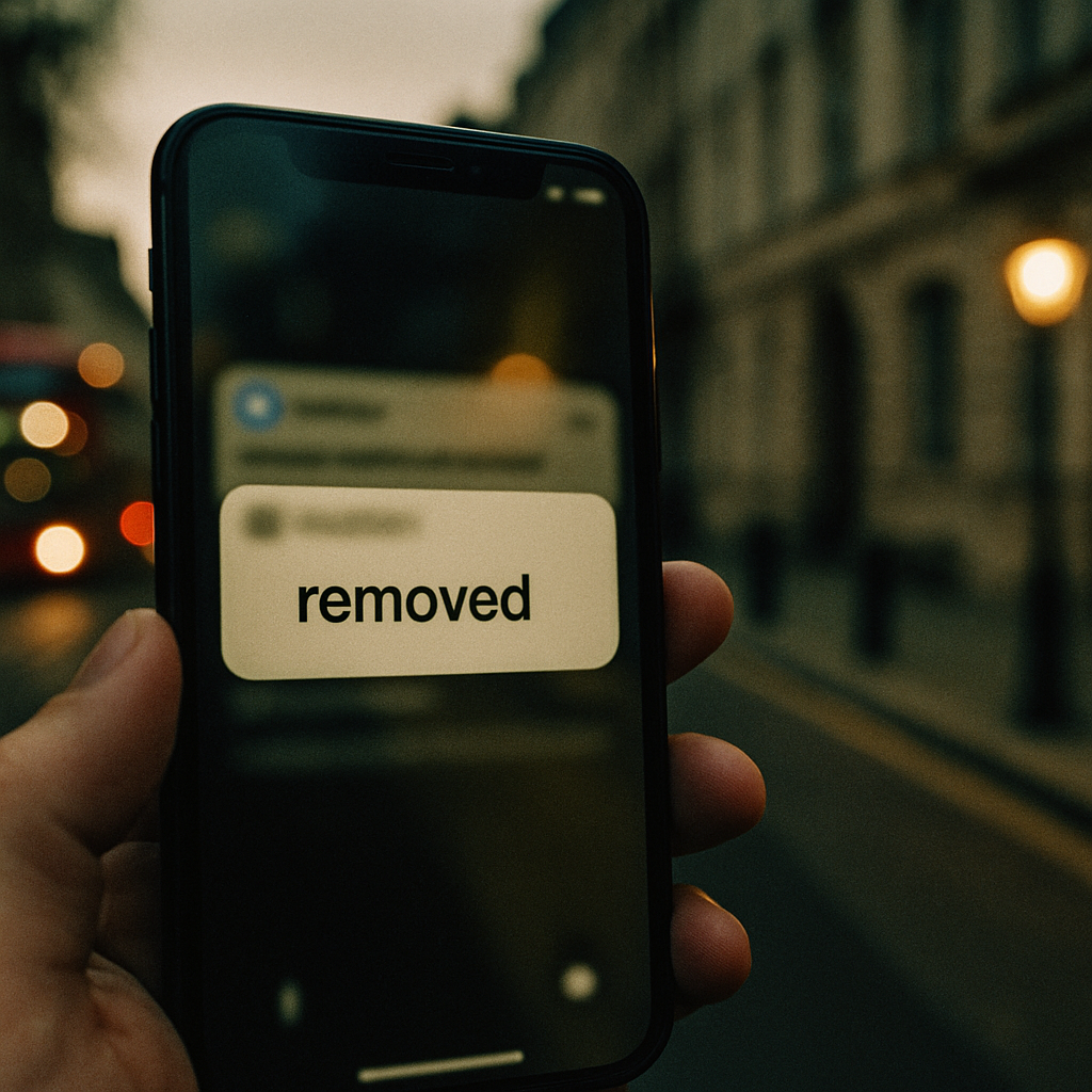Smartphone showing content removal notification, illustrating social media censorship 2026 concerns