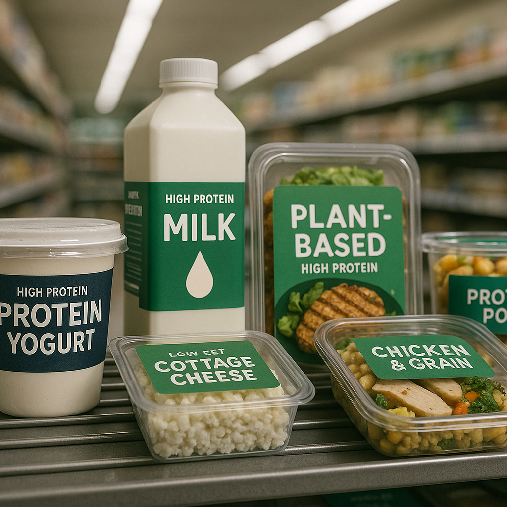 British supermarket shelf with health-focused products reflecting the Ozempic economy impact on food retail