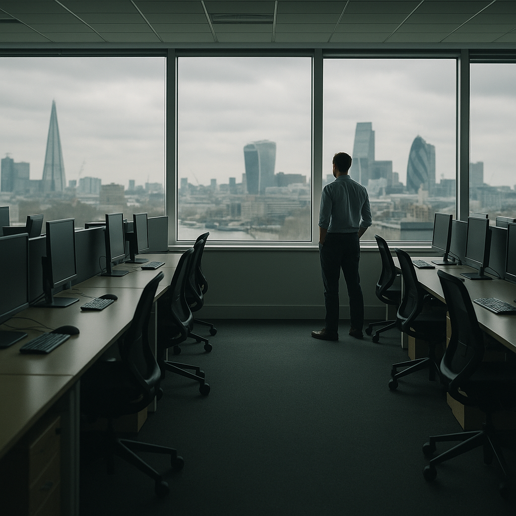 Empty British office illustrating AI job displacement concerns in 2026