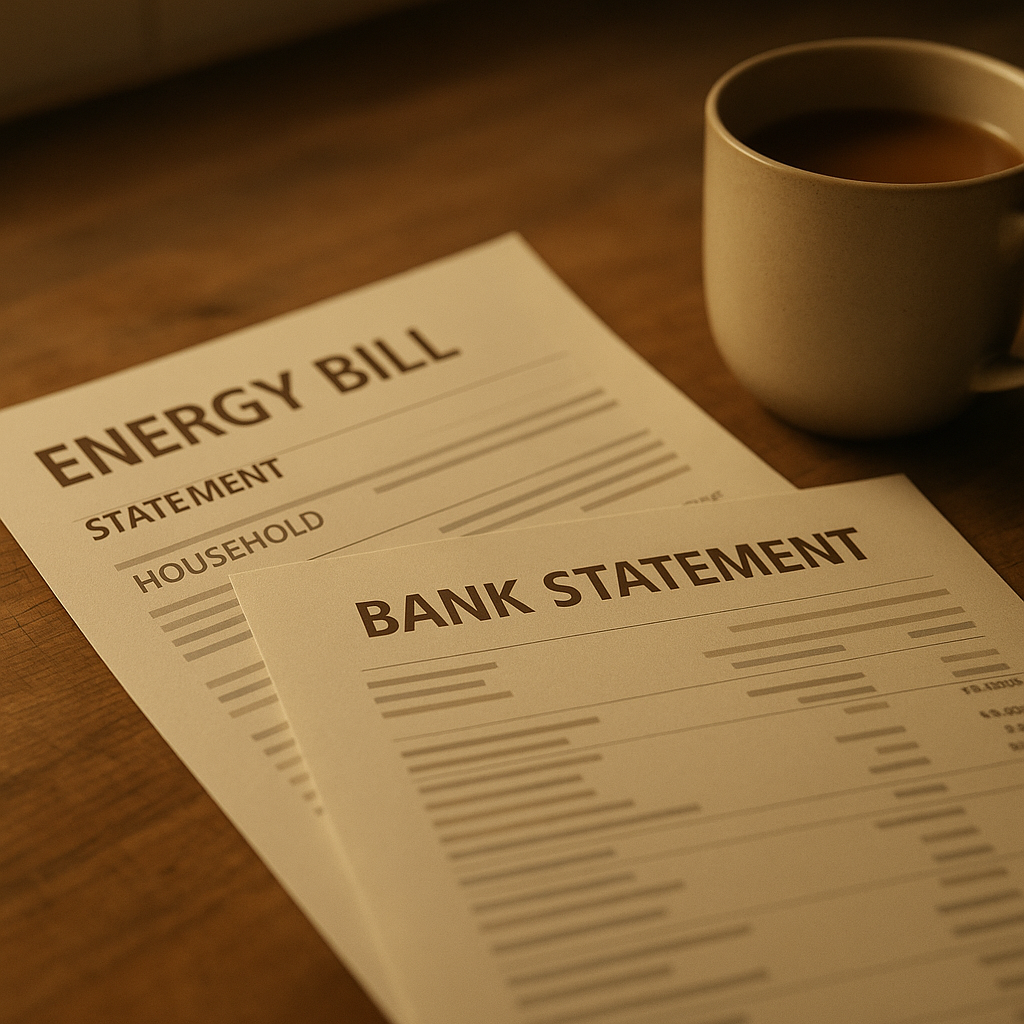 Energy bills and bank statement on kitchen table illustrating cost of living crisis 2026 pressure