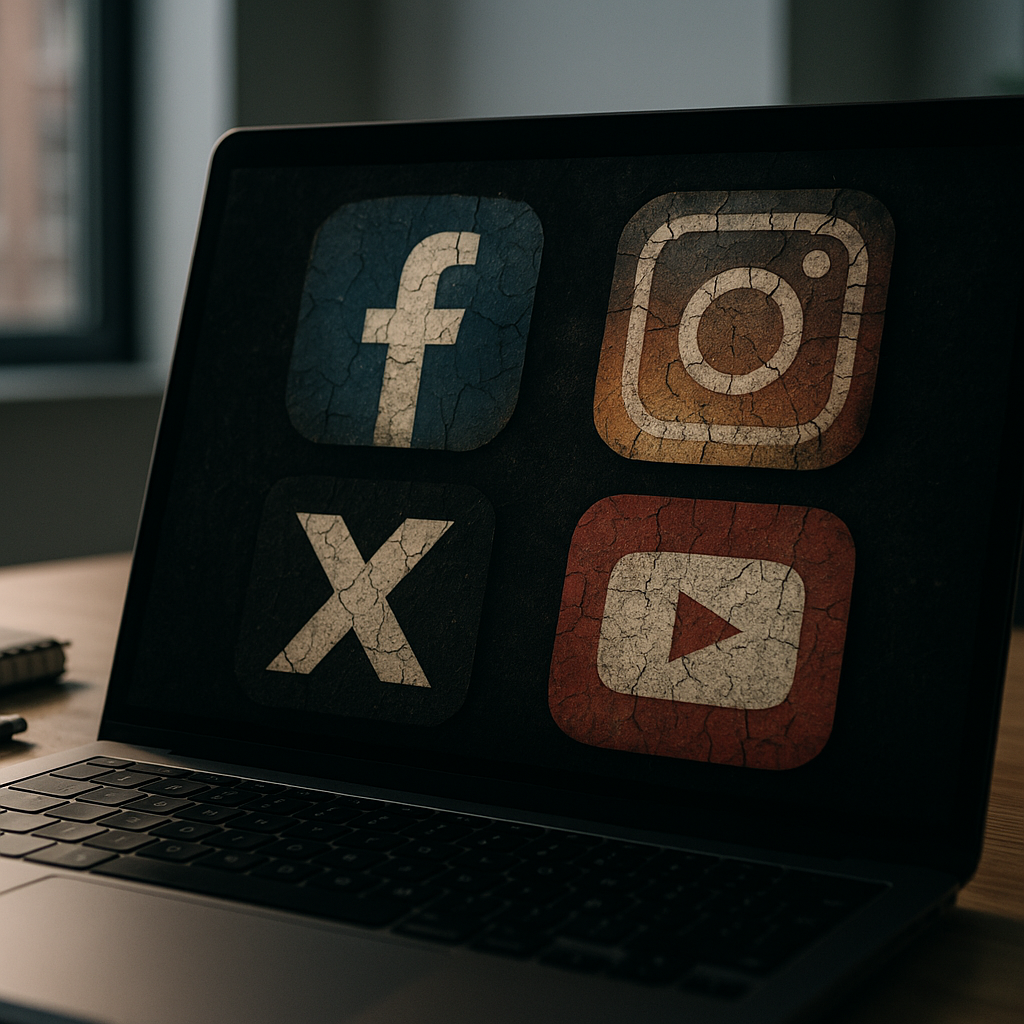 Faded social media platform icons on a laptop screen symbolising social media decline 2026