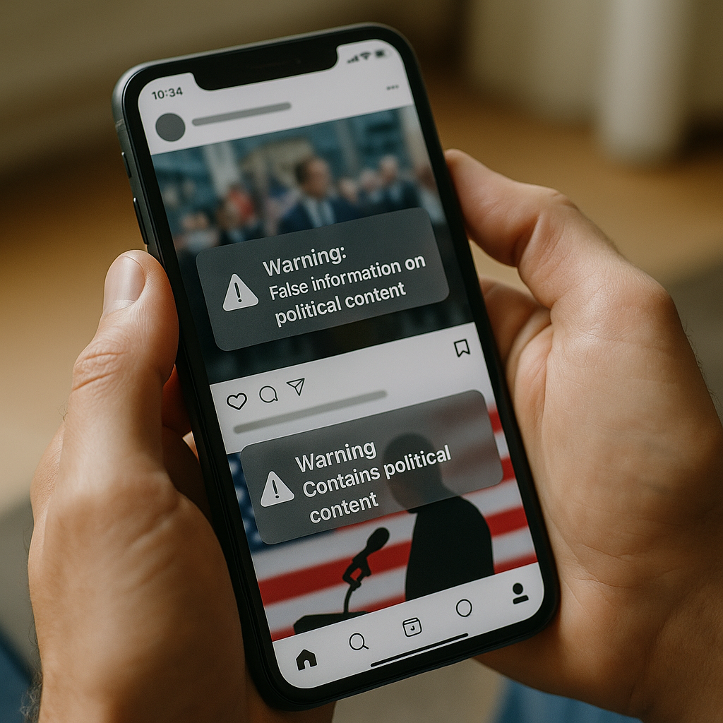 Person scrolling a social media feed with content warnings, representing efforts to label AI disinformation campaigns