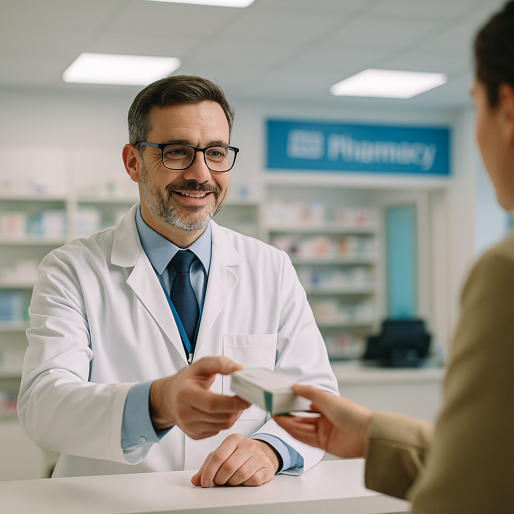 Pharmacist handing weight loss medication to a patient, illustrating the Ozempic economy impact on UK healthcare