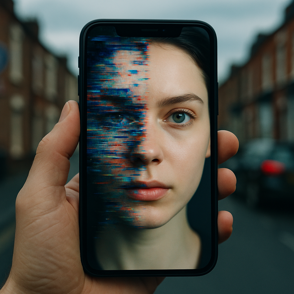 Smartphone displaying a distorted synthetic face, representing deepfake disinformation 2026