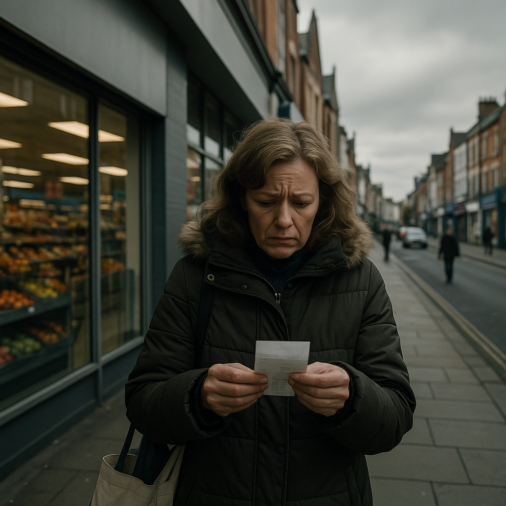 Woman checking supermarket receipt on British high street amid cost of living crisis 2026