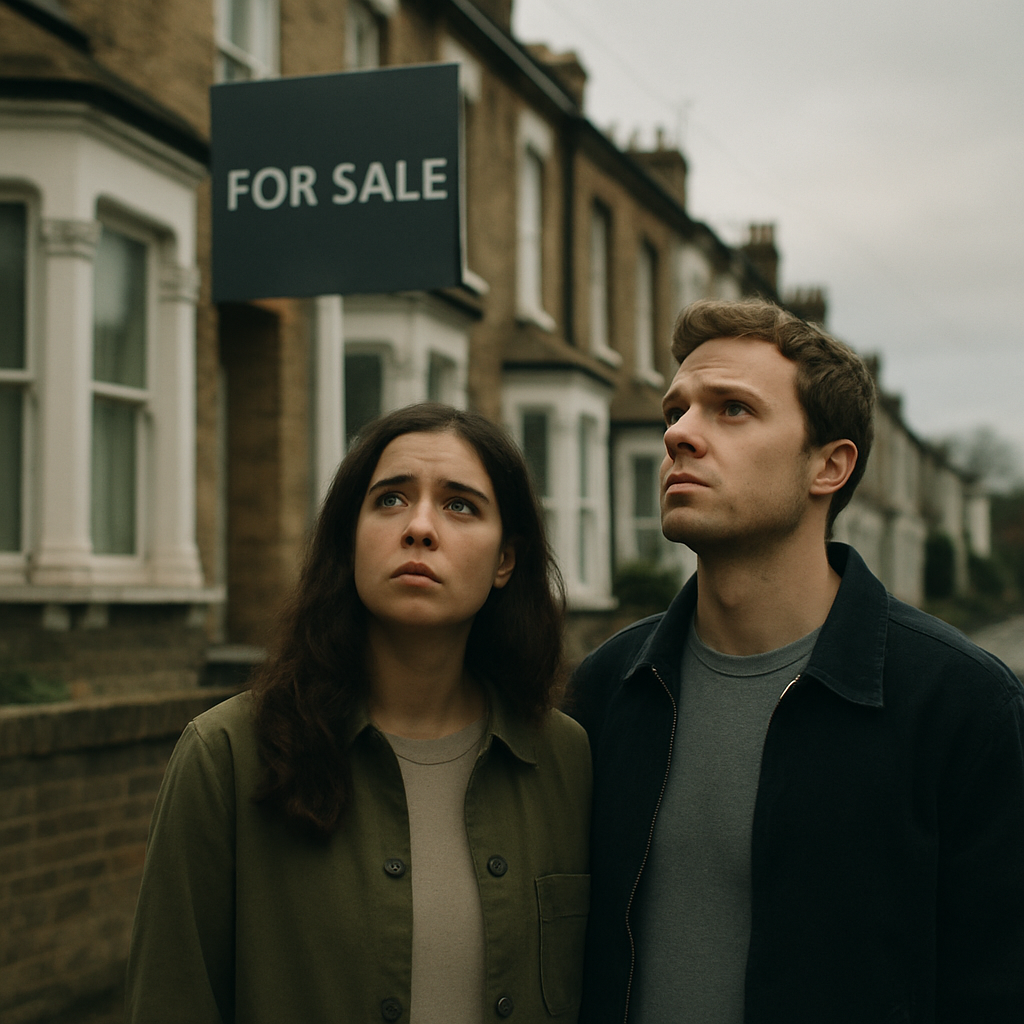 Young couple looking at a For Sale sign outside terraced houses, illustrating the global housing crisis 2026