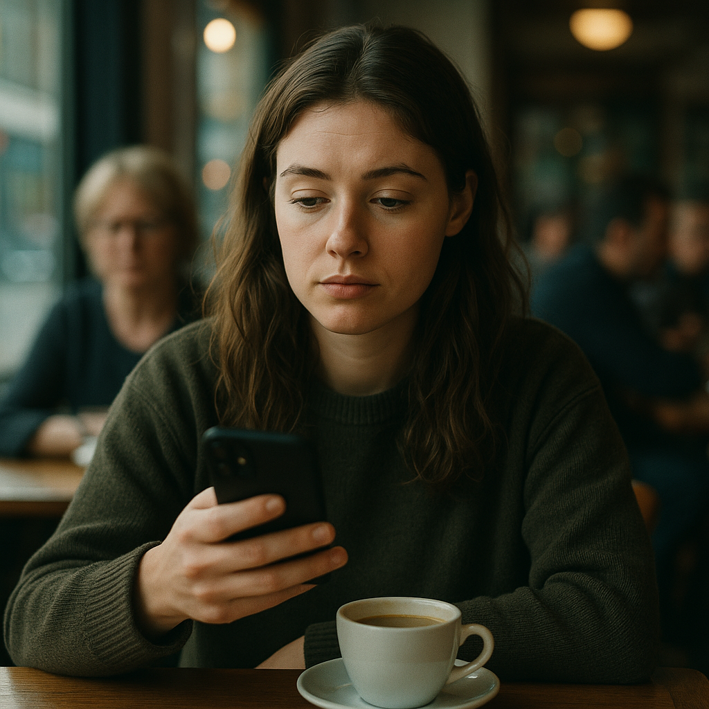 Young woman disengaged on her phone in a London café, reflecting social media decline 2026