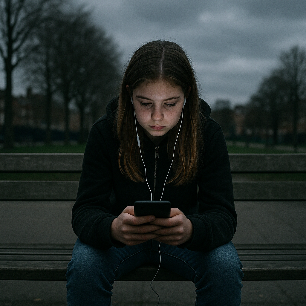 British teenager absorbed in smartphone screen, illustrating smartphone effects on teenage brain development