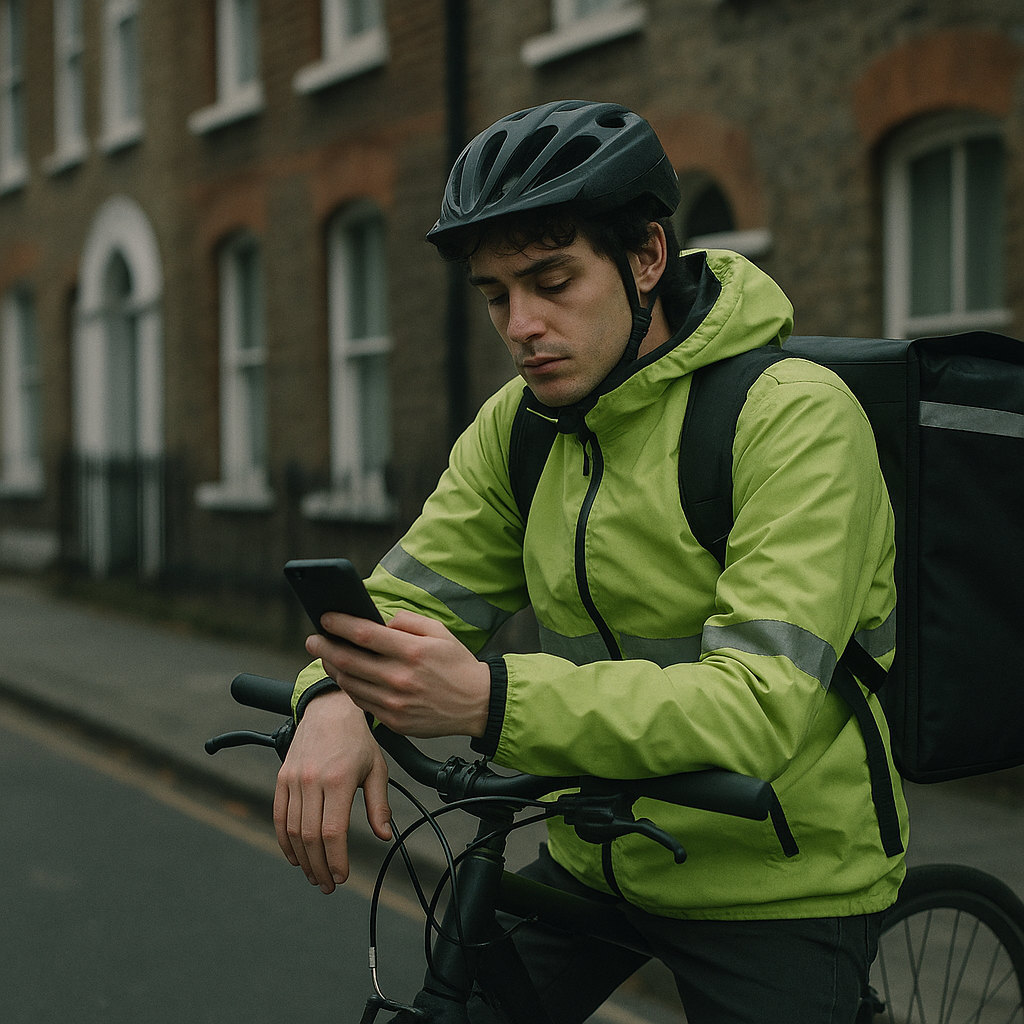 Delivery cyclist checking his phone between jobs, representing gig economy workers UK employment rights 2026