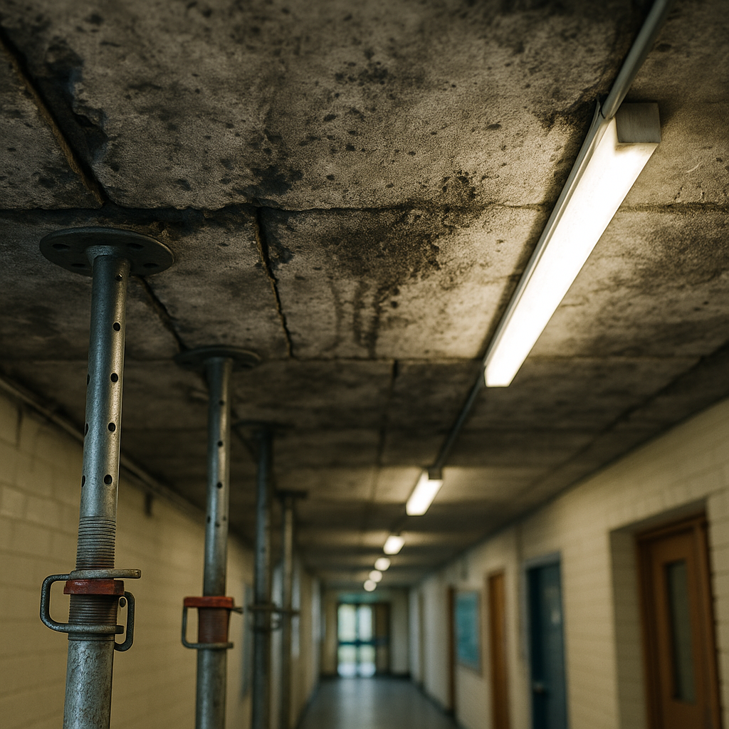 Deteriorating RAAC school buildings concrete ceiling panels supported by metal props in an empty school corridor