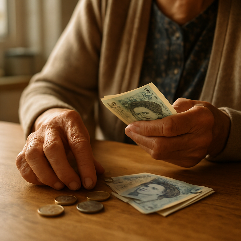 Elderly woman counting cash at home as cashless society UK changes affect vulnerable people