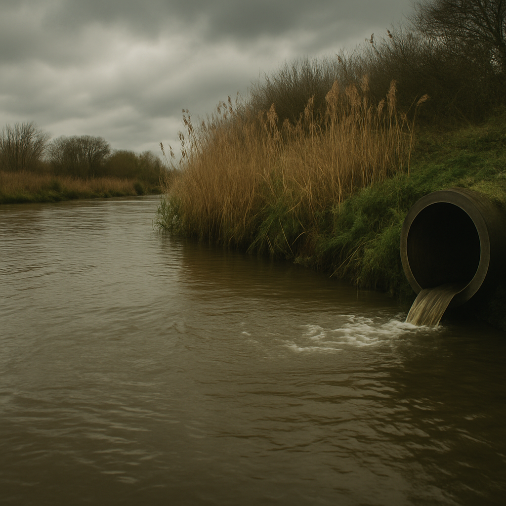 Sewage discharge pipe entering a murky UK river, illustrating the sewage discharge UK rivers 2026 crisis
