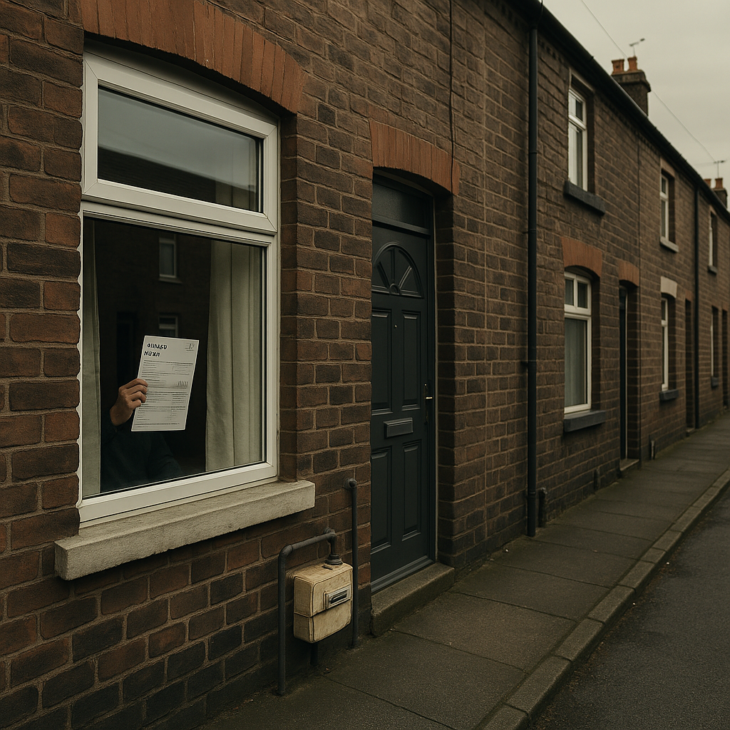 UK household energy bill held by a homeowner beside a gas meter, illustrating the uk energy bills 2026 price cap debate