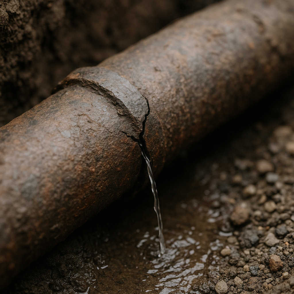 Close-up of a corroded leaking water main pipe, central to the UK water supply crisis 2026