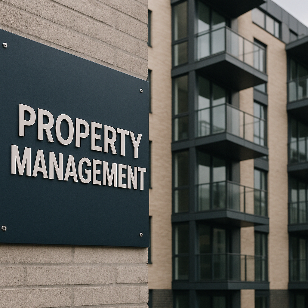 Corporate property management signage on a UK build-to-rent block connected to private equity landlords UK housing