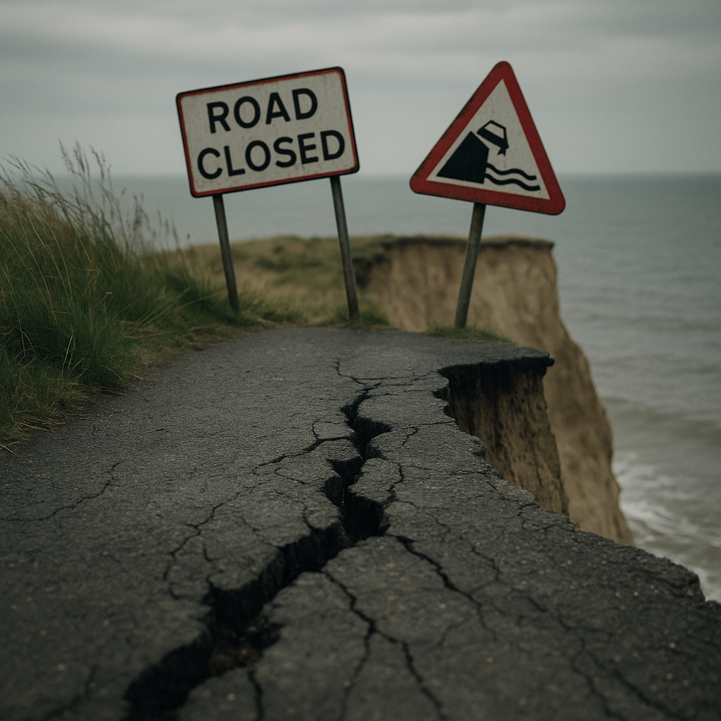 Cracked coastal road ending at cliff edge, a stark image of coastal erosion UK threatening infrastructure