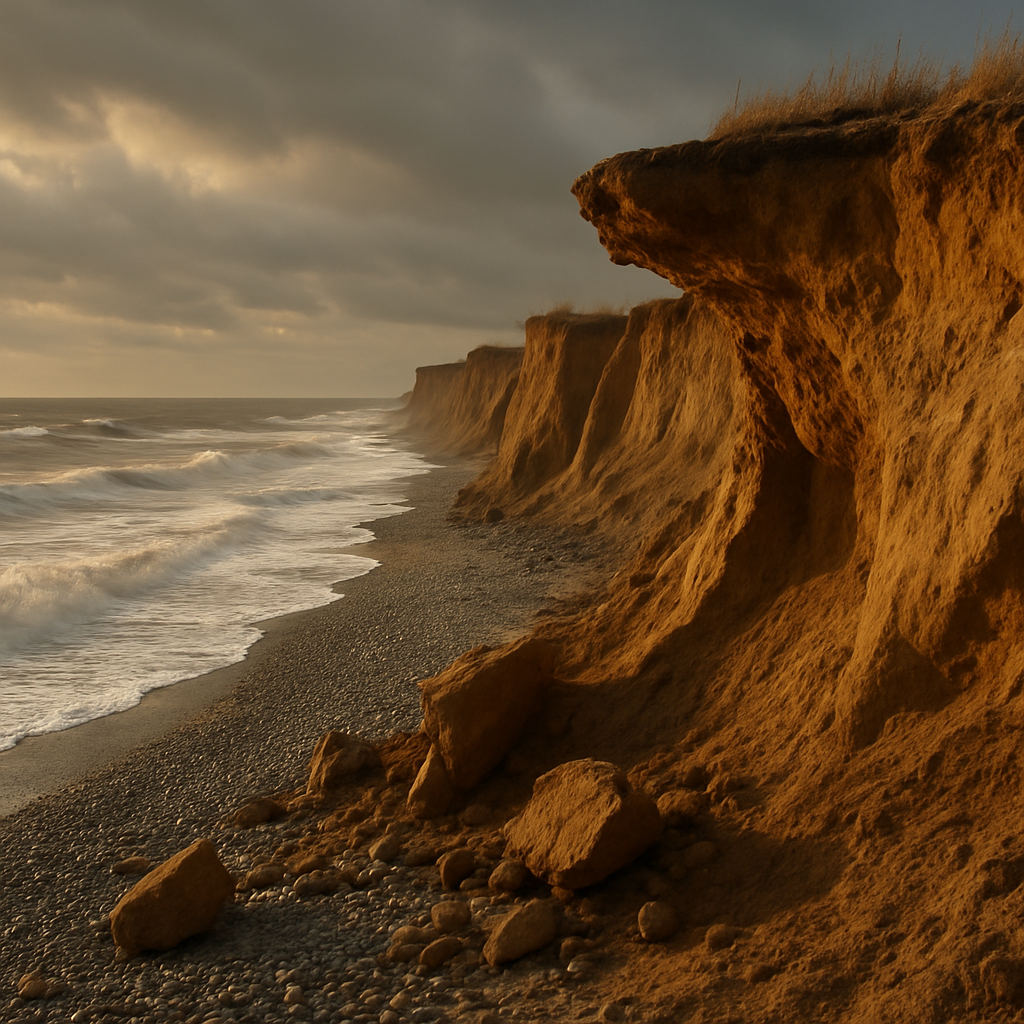 Crumbling cliff edge on the Norfolk coast illustrating coastal erosion UK at its most dramatic