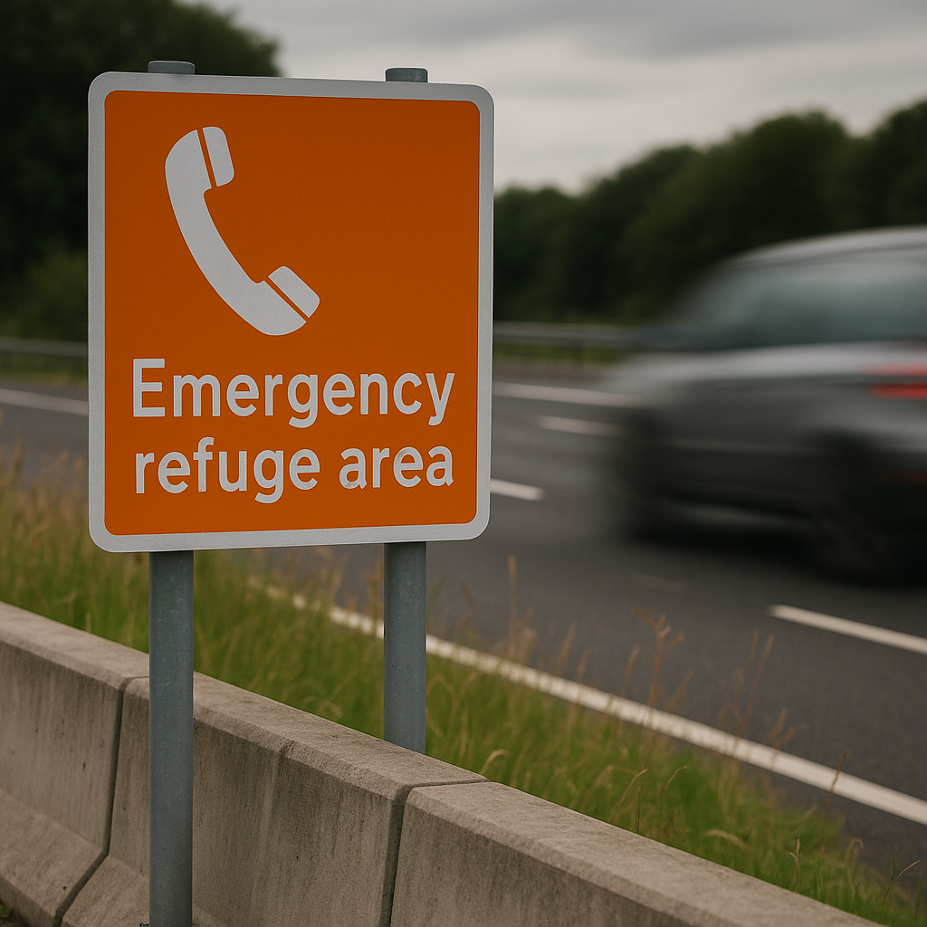 Emergency refuge area sign on a UK smart motorway, central to the smart motorway deaths safety debate