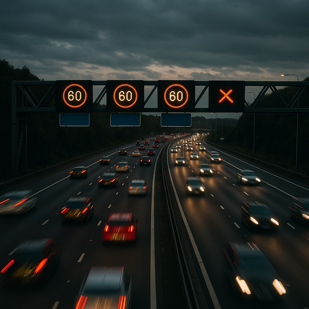 Smart motorway at dusk with illuminated overhead gantries in England, illustrating the context of smart motorway deaths