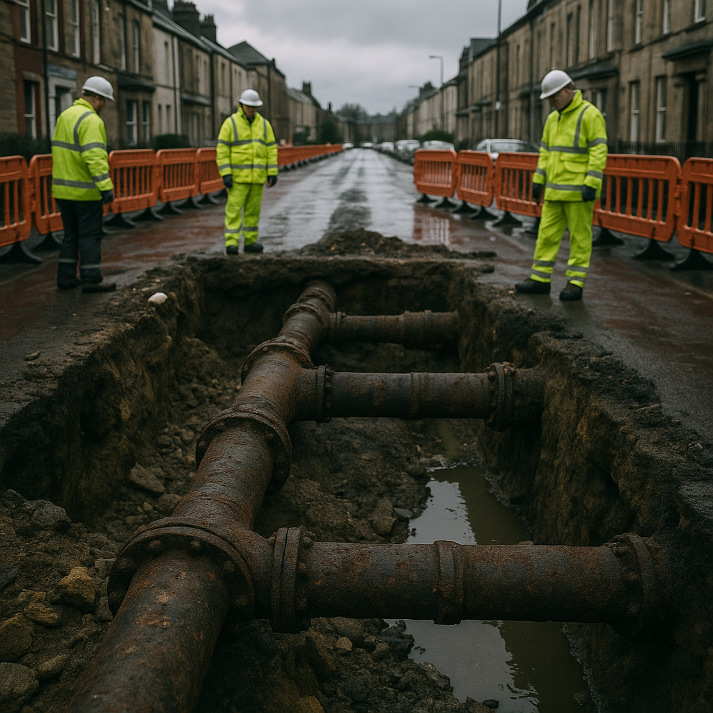 Workers inspecting ageing Victorian water pipes during street excavation, illustrating the UK water supply crisis 2026
